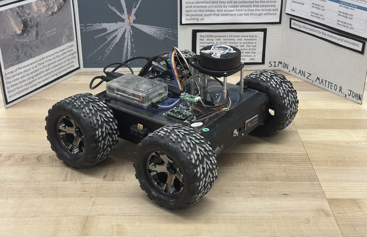 Four-wheeled autonomous rover with large off-road tires, a Raspberry Pi, and a LiDAR unit mounted on top, in front of a project poster board
