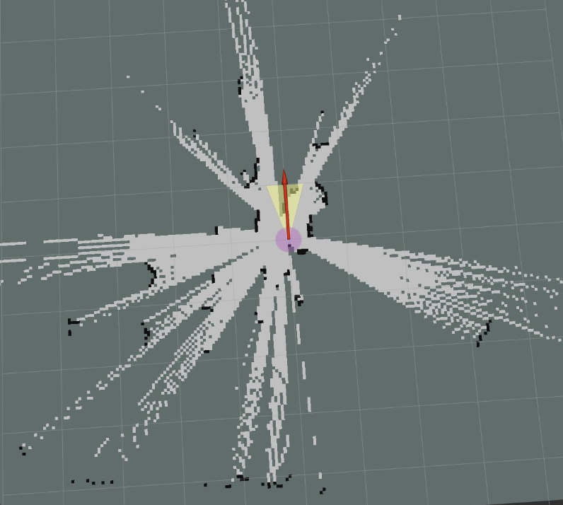 2D LiDAR point cloud showing the rover's SLAM map, with scan rays radiating out from the rover's position