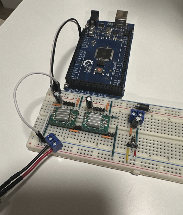 Breadboard wiring for the shoulder and elbow joint stepper drivers, connected to an Arduino Mega