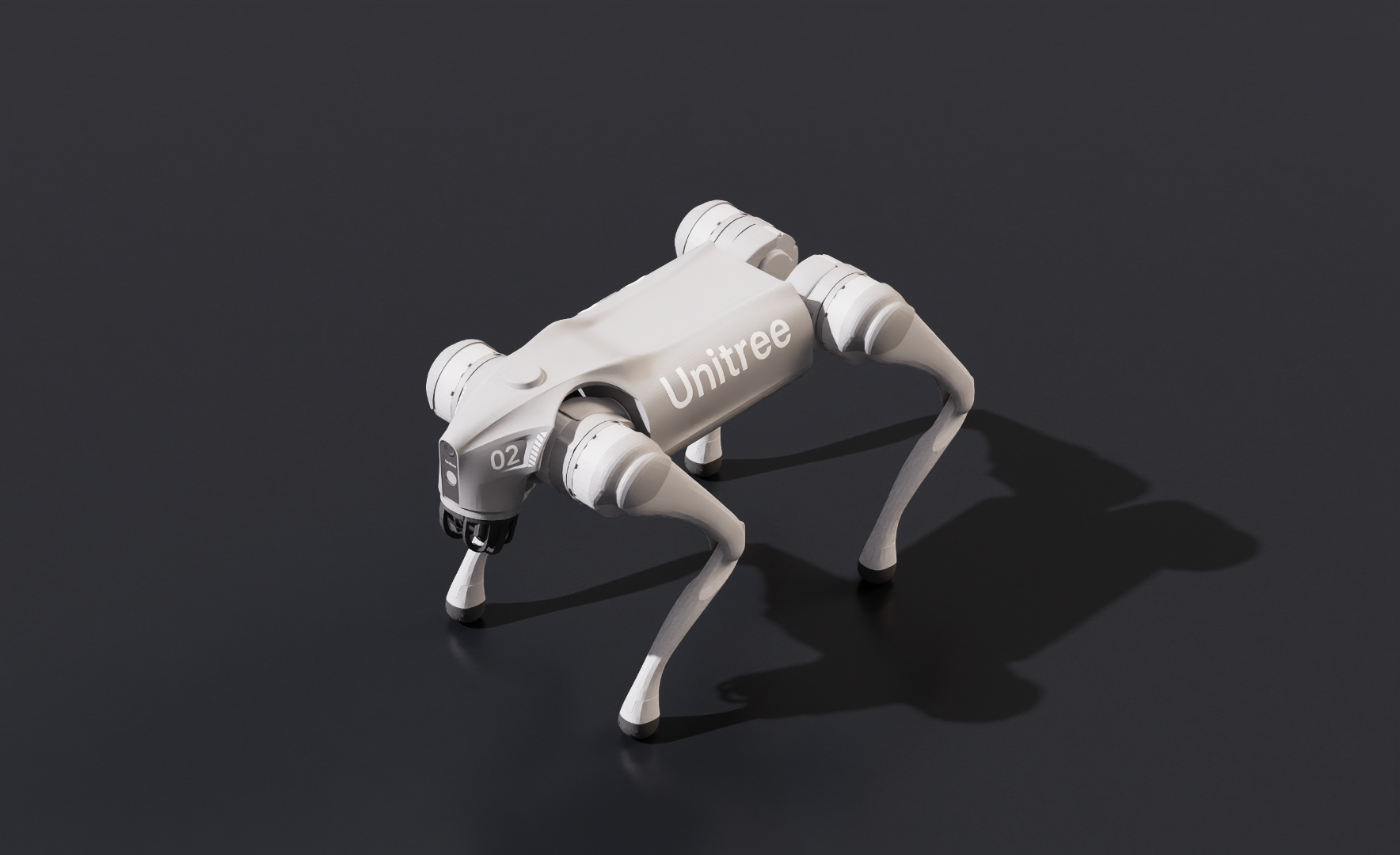 Unitree Go2 quadruped robot model rendered in white against a dark background