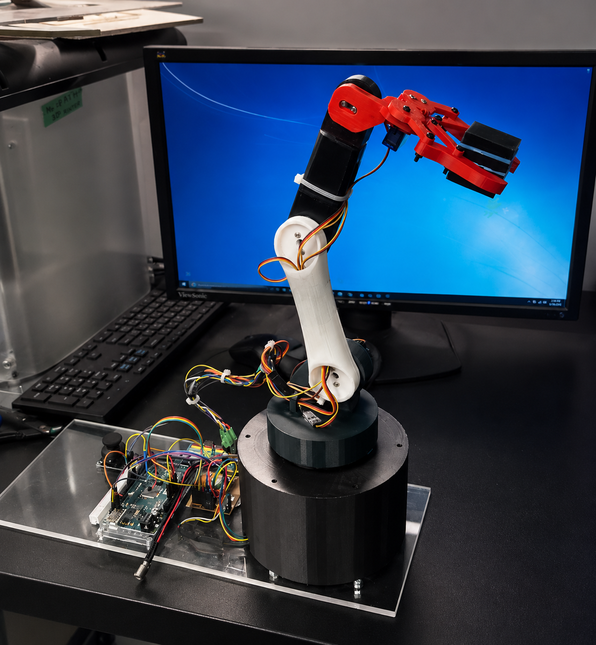 Assembled robotic arm with a red gripper, mounted on a black base with visible Arduino and breadboard wiring, on a desk in front of a monitor