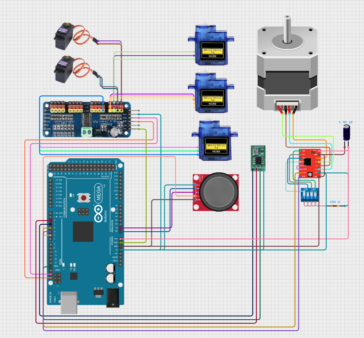 Wiring diagram of an Arduino Mega connected to a servo driver board with five servos, a stepper motor and driver, and a joystick